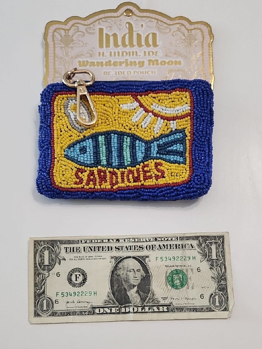 India Beaded Coin Pouch Wallet - Blue & Yellow Sardines Design